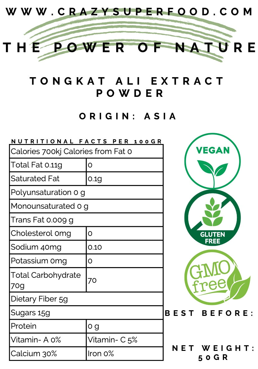 EXTRAIT DE TONGKAT ALI ou“Eurycoma longifolia”, qui est son nom scientifique.